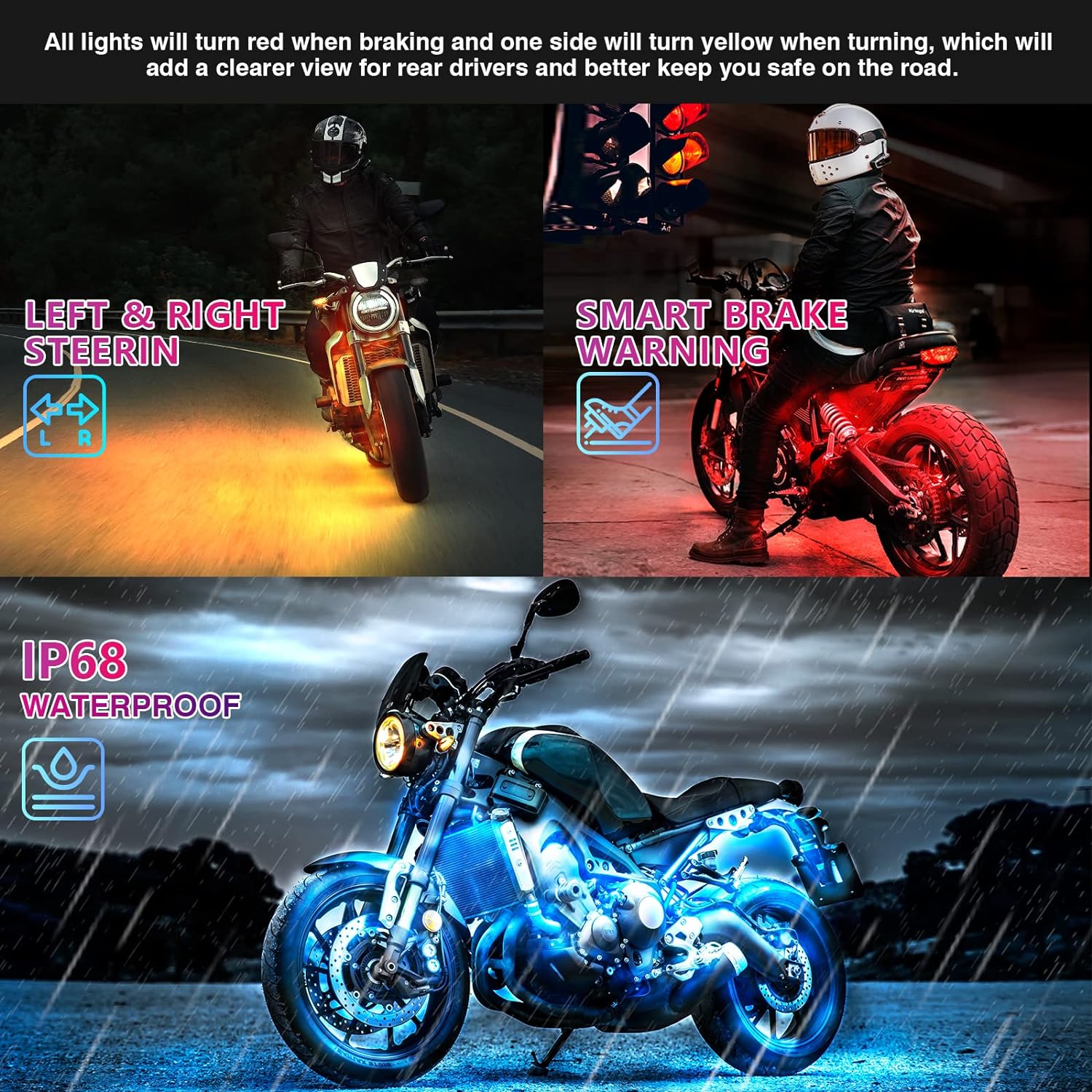Raxiva-12pcs motorcycle led light kit with brake turn signal