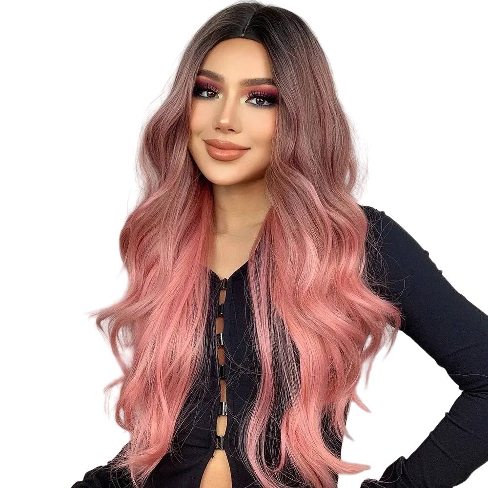 Raxiva-long wavy ombre pink heat resistant synthetic hair wig natural waves