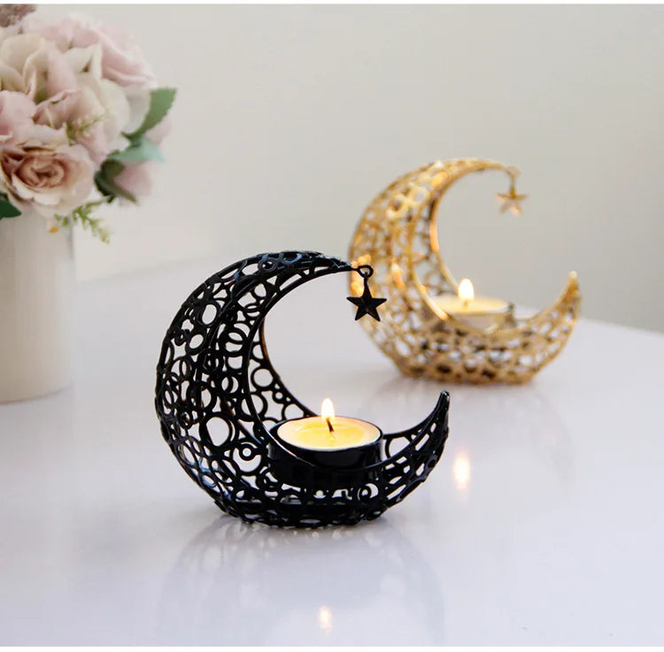 Raxiva - Elegant Black or Gold Crescent Moon Candle Holders – Romantic Tealight Décor for Weddings, Christmas, and Special Occasions