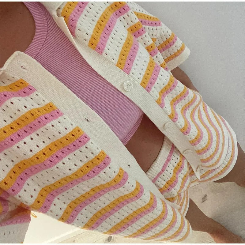 Raxiva - Elegant Lapel Half-Sleeve Top and High-Waist Shorts Set - Loose Casual Single-Breasted Outfit