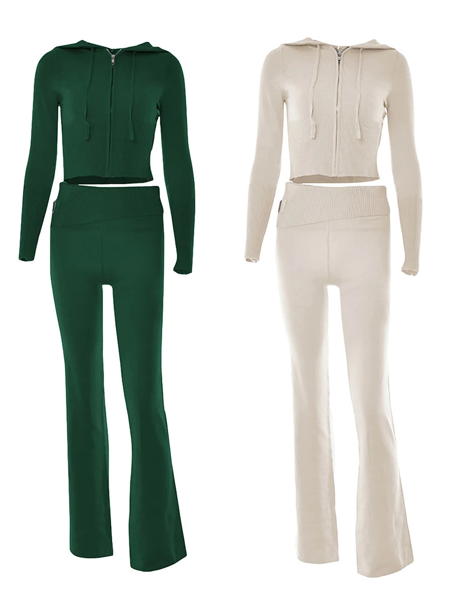 Raxiva - Ribbed Knit Lounge Set for Women – Zip-Up Hoodie & High-Waist Wide-Leg Pants, 2-Piece Relaxed Loungewear Ensemble