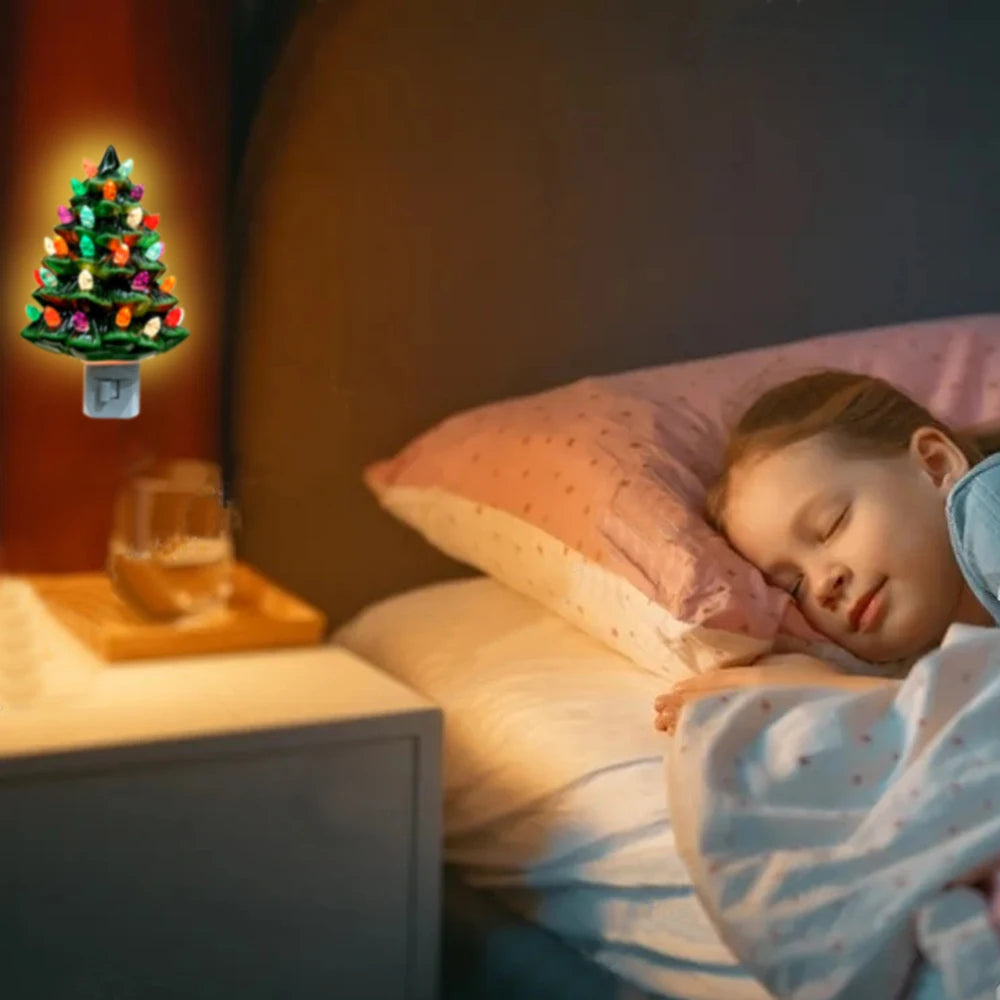 Raxiva - Vintage Ceramic Christmas Tree Night Light – Hand-Painted Plug-In Holiday Glow