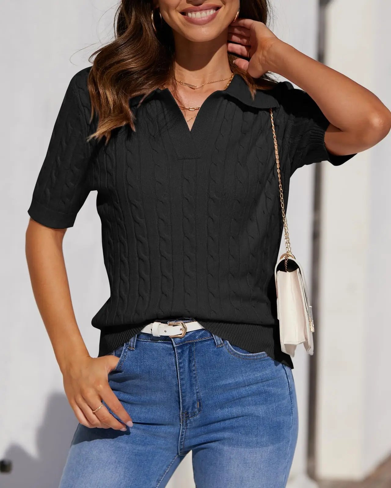 Raxiva - Casual Cable Knit V-Neck Short Sleeve Sweater – Soft Short Sleeve Pullover for Spring/Summer