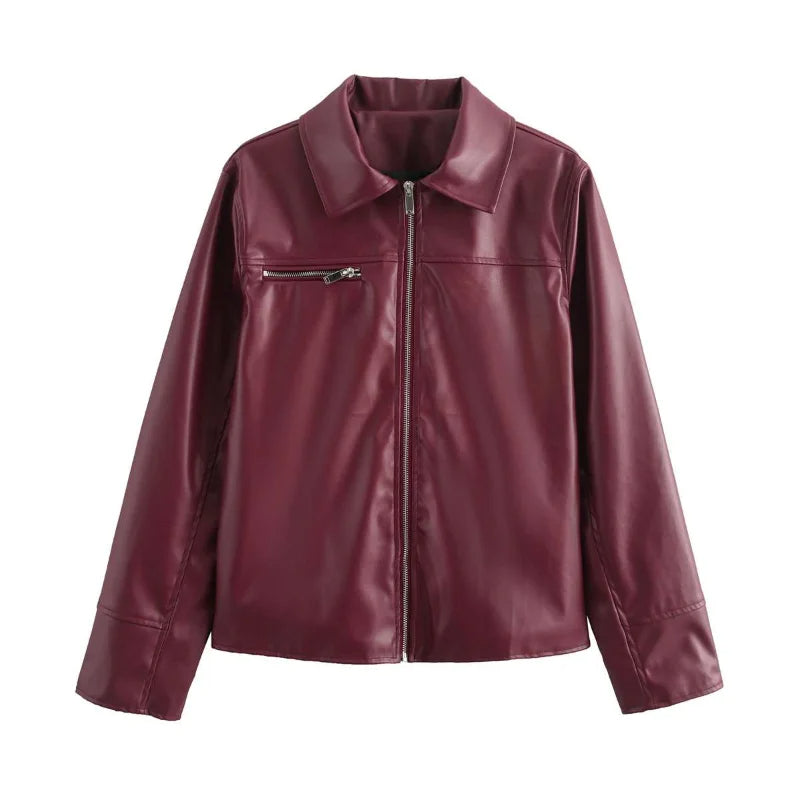Raxiva - Burgundy Faux Leather Jacket for Women – Stylish Lapel Zipper Design and Long Sleeves for Autumn/Winter Street Fashion