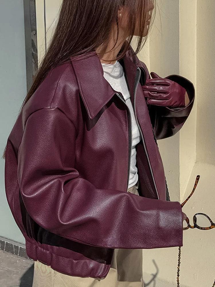 Raxiva-burgundy faux leather jacket women lapel zipper long sleeves autumn winter fashion