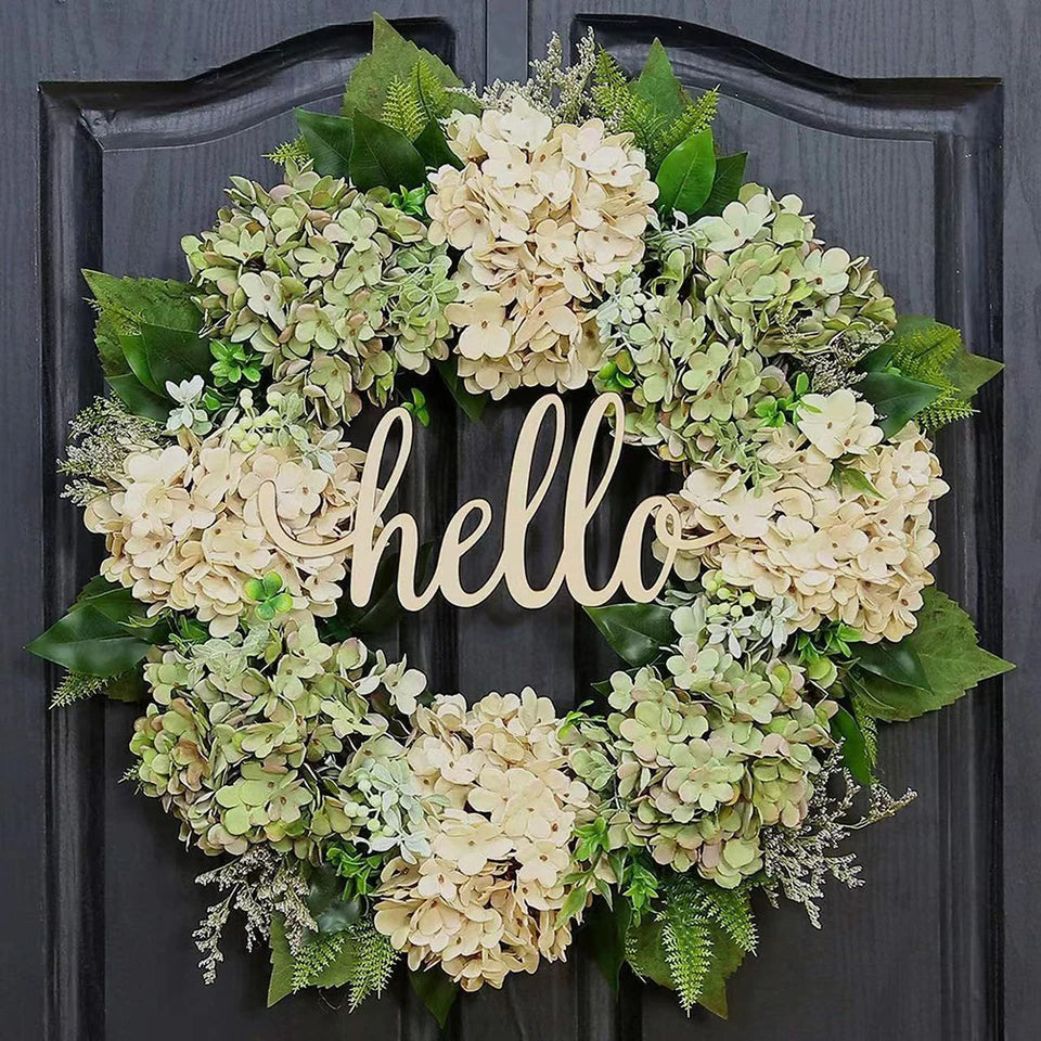Raxiva-40cm green hydrangea wreath with hello message