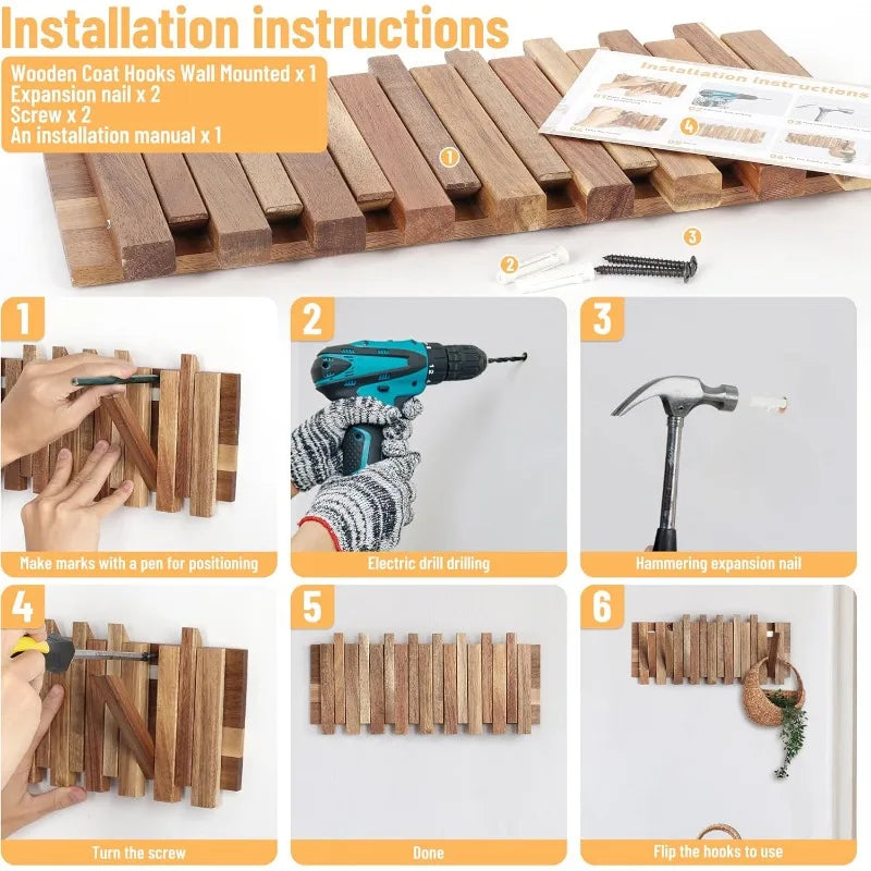 Raxiva-rustic wall mounted coat rack 8 flip hooks