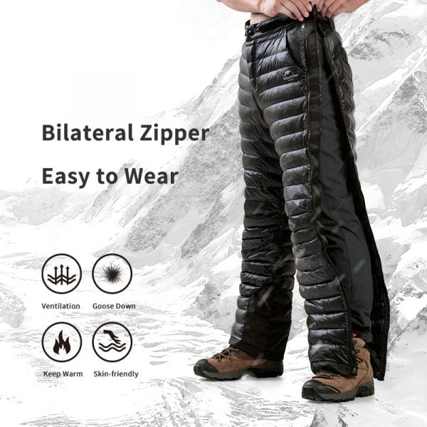Raxiva-outdoor thermal goose down pants zippered camping hiking skiing trousers
