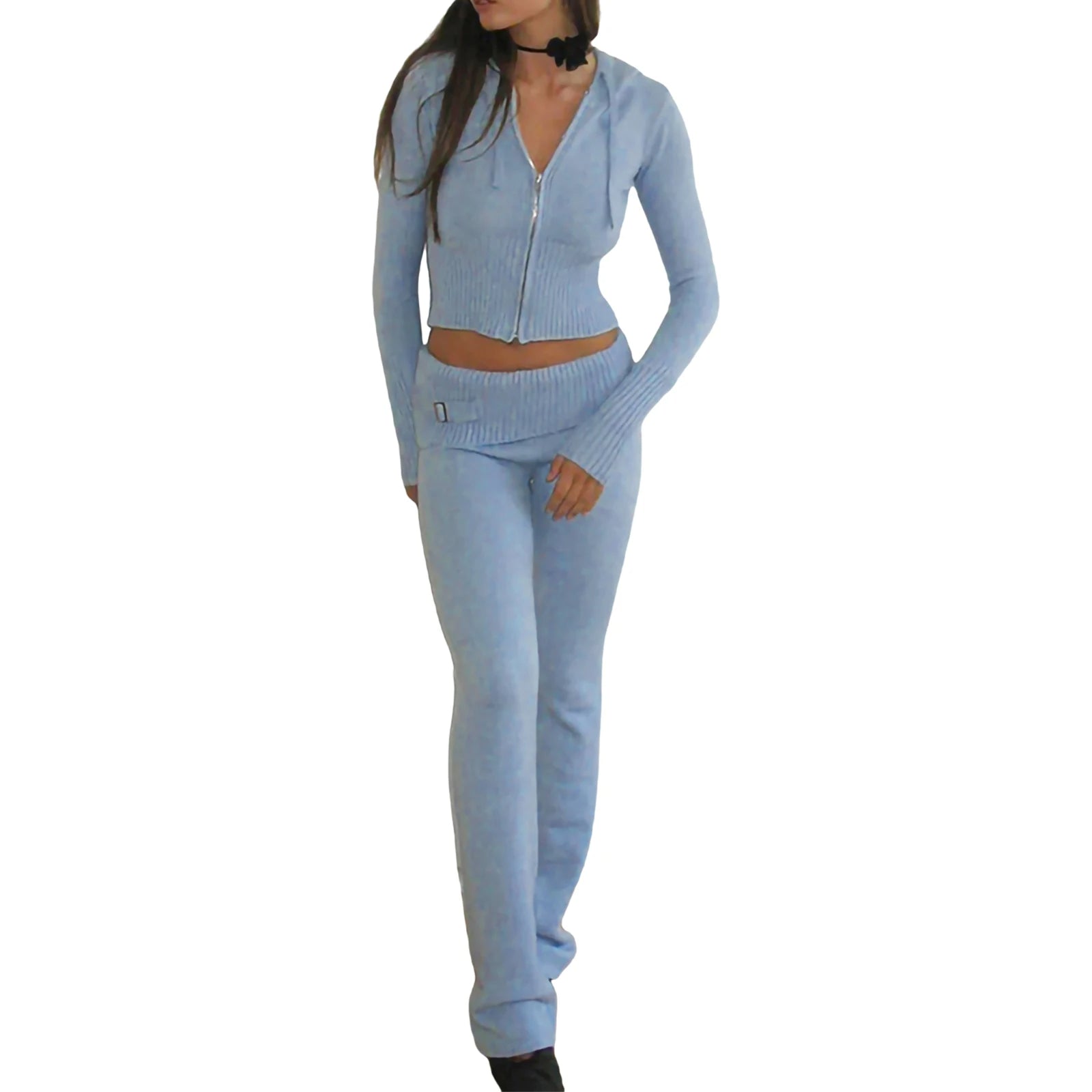 Raxiva-ribbed knit lounge set women zip hoodie high waist wide leg pants 2 piece loungewear
