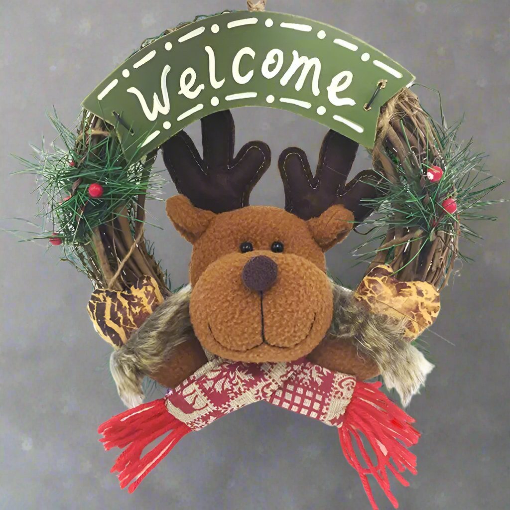 Raxiva-rustic christmas wooden rattan wreath santa snowman reindeer dolls festive door decorations