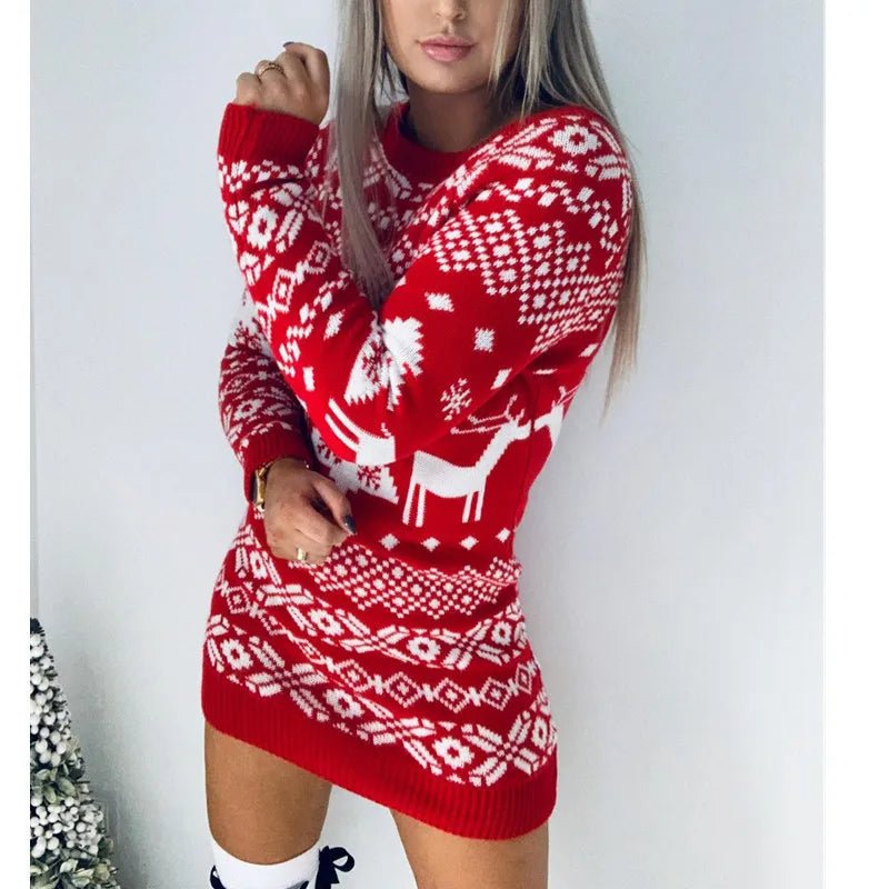 Raxiva-womens sexy knitted reindeer sweater dress cozy christmas jumper mini dress